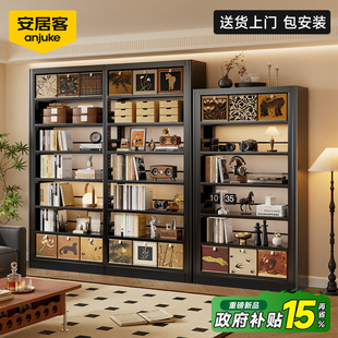 安居客中古风书架图书馆黑色家用钢制落地置物架一体靠墙书柜子