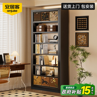 安居客图书馆钢制书架中古风黑色学生家用客厅储物一体靠墙书柜子