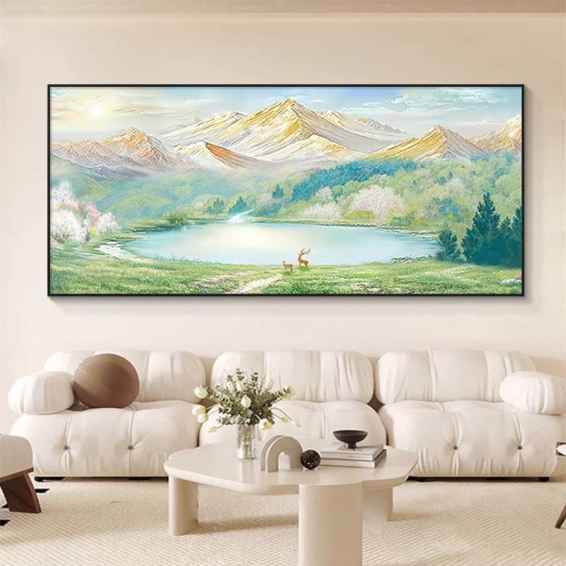 日照金山客厅装饰画聚宝盆山水风景手绘油画沙发背景墙挂画奶油风