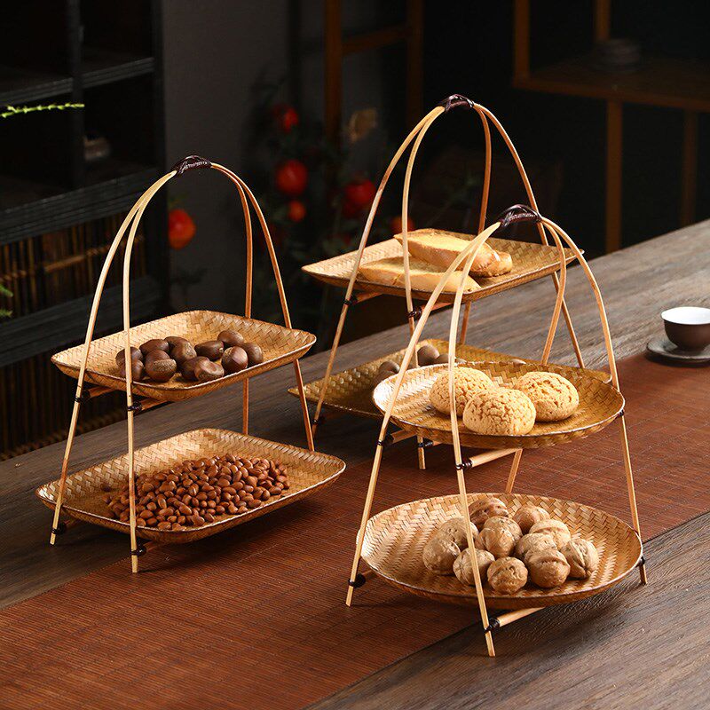 竹编复古双层果盘手提篮干果盘茶点心盘多层水果盘可拆卸中式果碟,特色手工艺,竹编/竹雕,淘宝优惠券,粉丝福利购,淘宝优惠卷