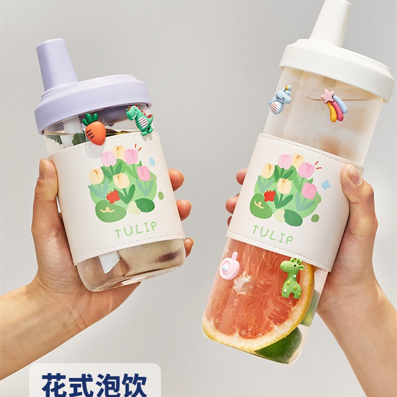 玻璃牛奶杯微波炉可加热豆浆杯家用便携外带密封粗吸管喝粥的杯子