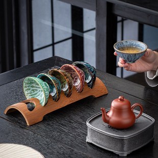 大号窑变陶瓷6个不同颜色斗笠杯送老煤竹茶杯架功夫茶建盏品茗杯