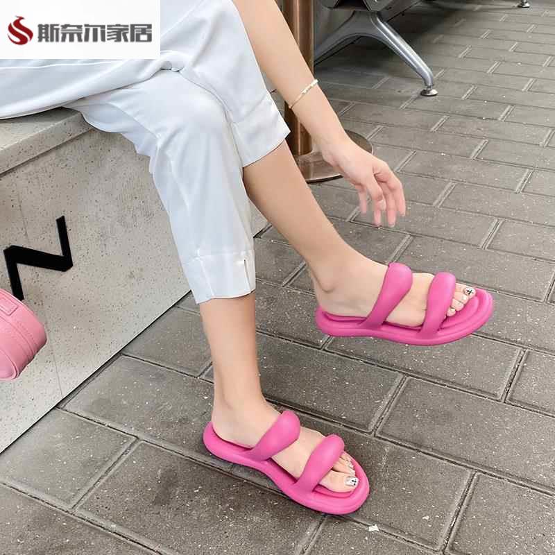踩屎感拖女网红潮面包外穿双带平底软底欧美风潮流凉拖