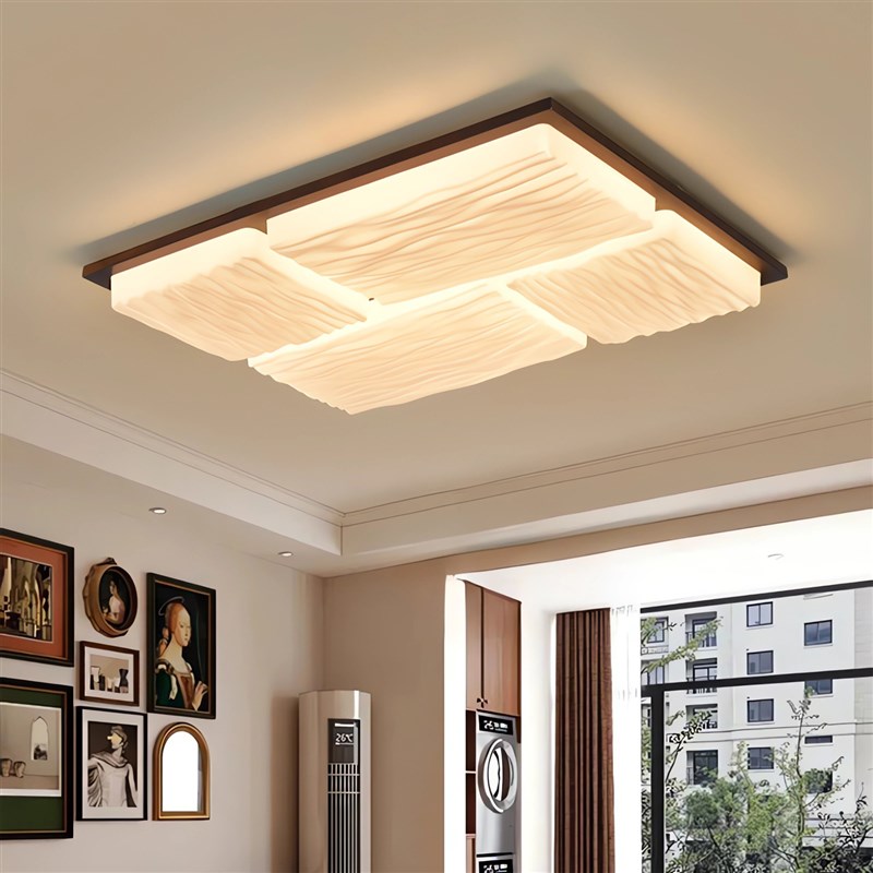 胡桃木客厅吸顶灯卧室主灯新中式几何方块书房实木中古风灯具Z357