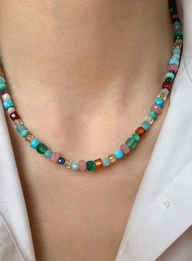 多巴胺彩虹蓝色天然宝石串珠项链女配饰高级感夏天轻奢小众颈链