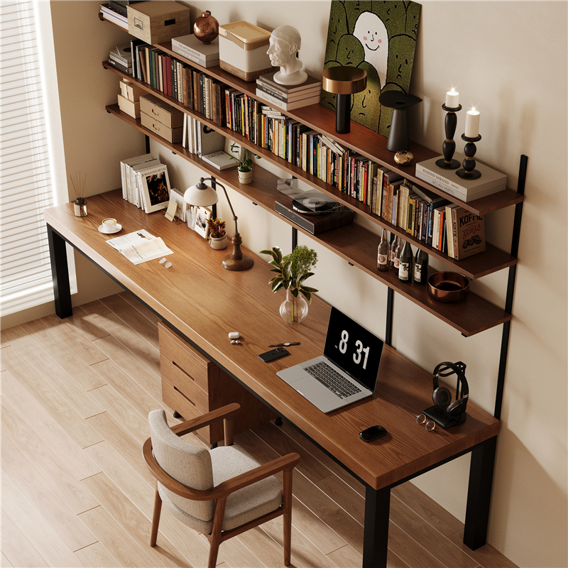 实木学生家用写字桌双人书桌书架一体工作台简约现代电脑桌办公桌