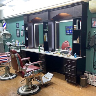 复古美发店镜台理发镜子带灯男士油头馆barber理发店实木发廊专用