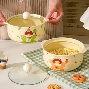 男孩女孩可爱泡面碗带盖双耳泡面碗个人专用釉下彩陶瓷泡面碗套装