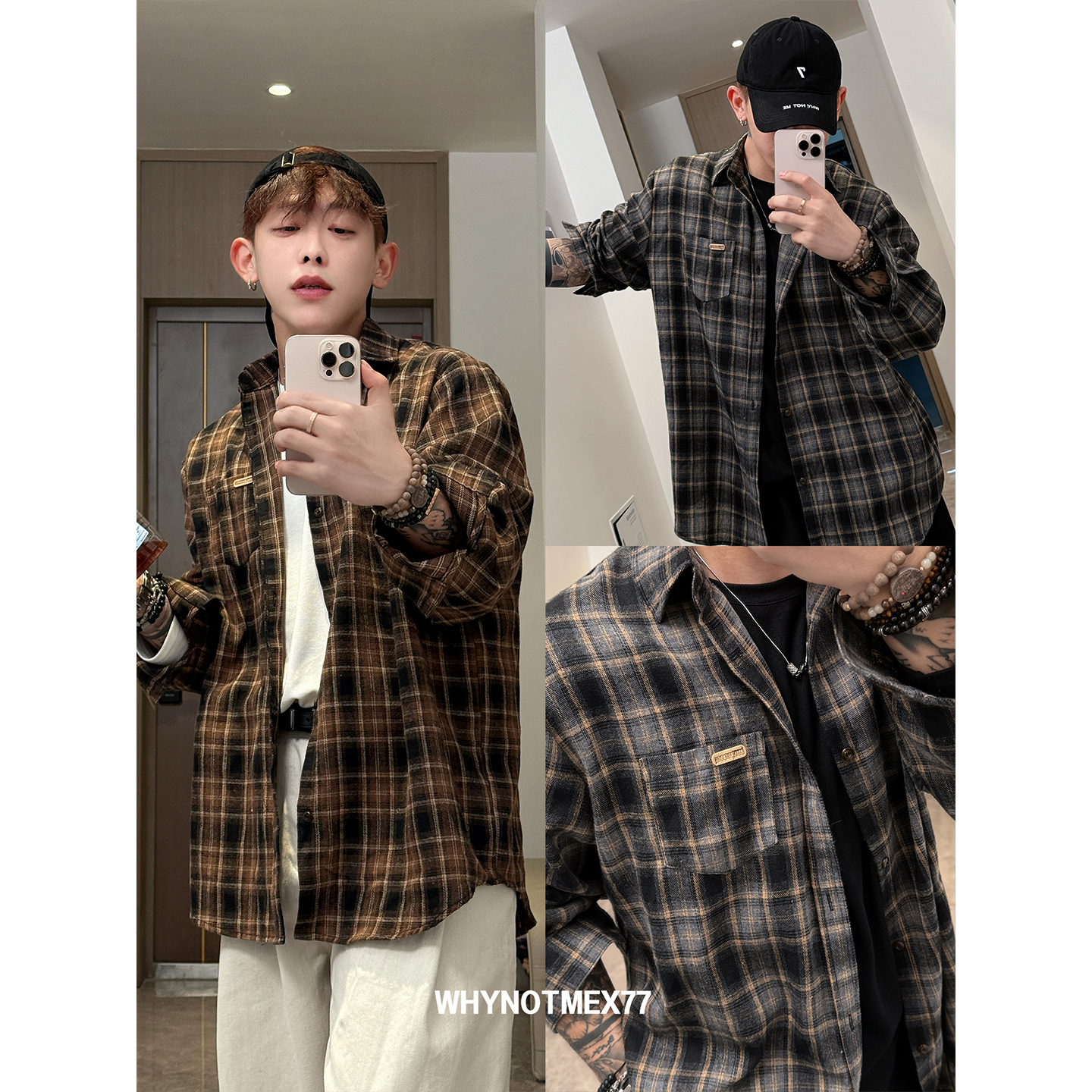 慵懒风外套复古扎染格子长袖衬衫