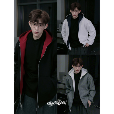 序77 重磅800g加厚酒红双面穿拉链多色卫衣男连帽cleanfit外套