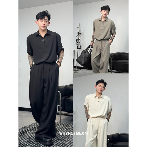 冰丝短袖休闲衬衫男士套装