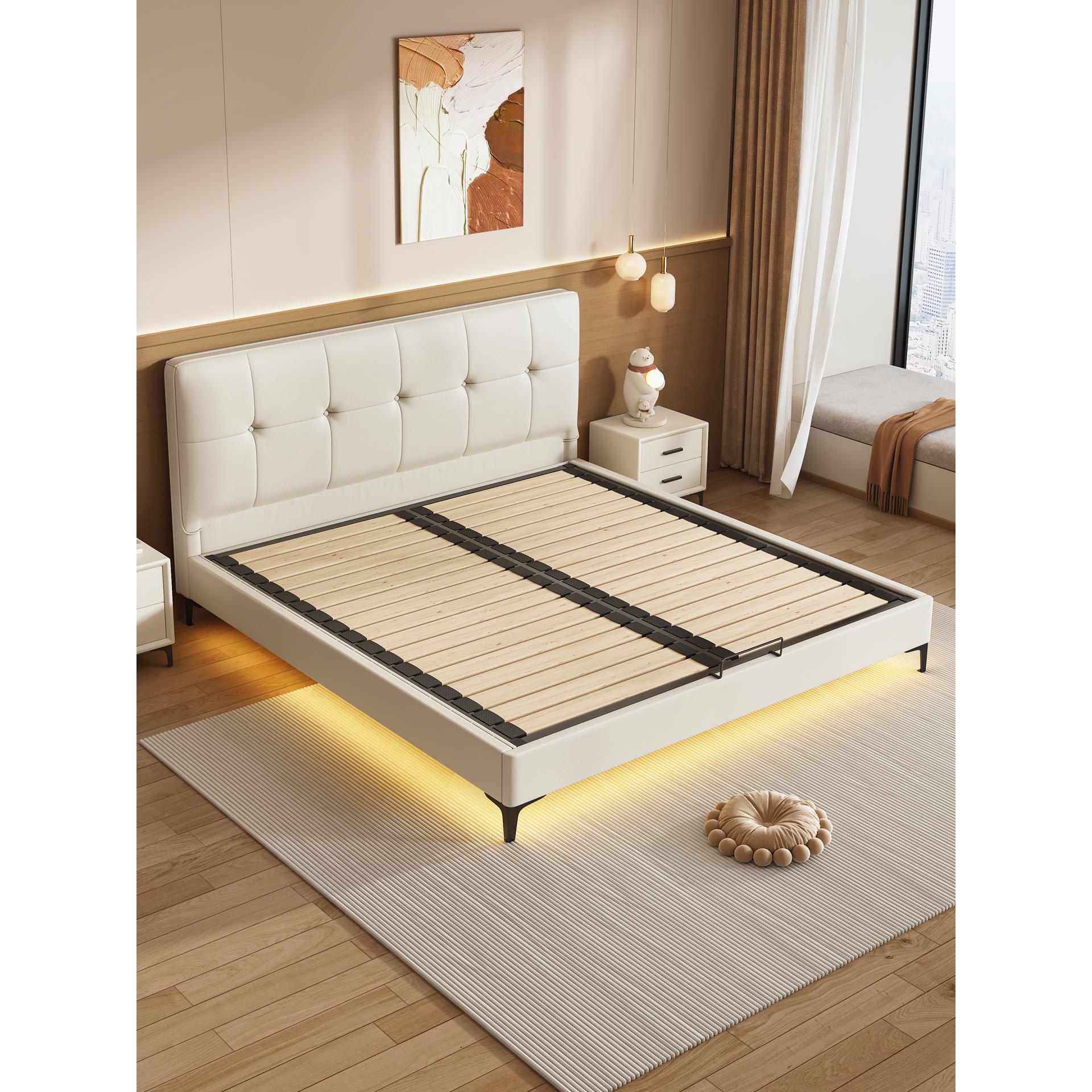 所有实木边长床小公寓，钢木框架，安静的床，可定制，超薄床在任