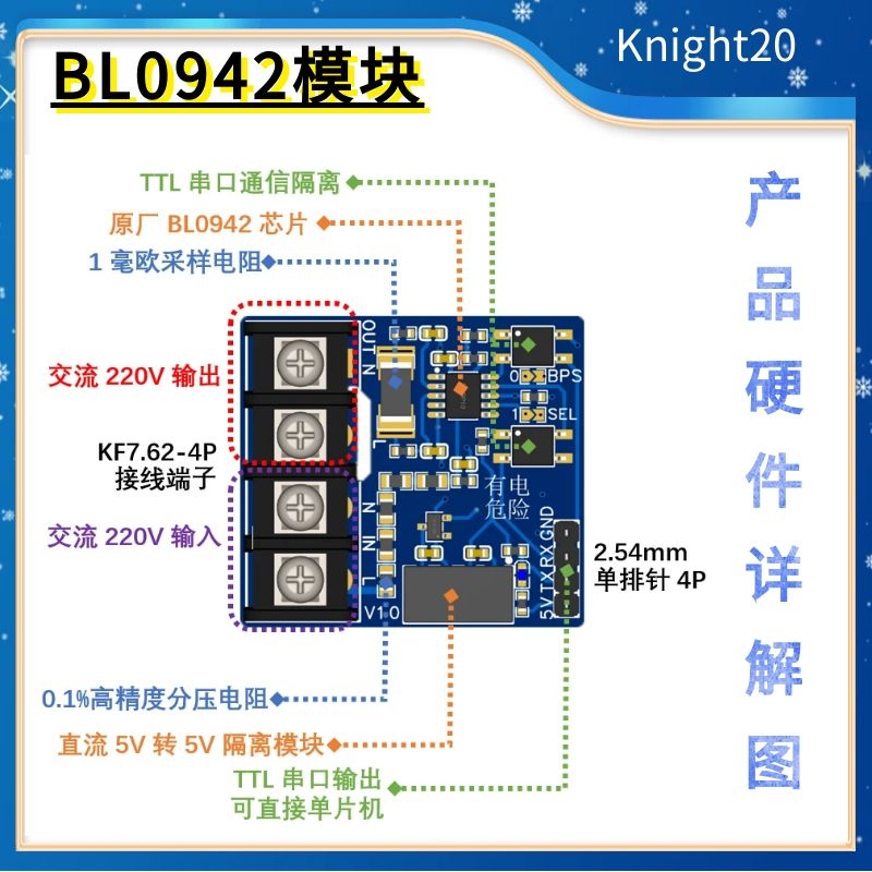 220V交流电压电流功率采集充电桩BL0942电能计量模块串口输出过零