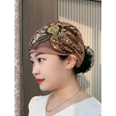 新款凤尾花盘花帽妈妈时尚头巾束发帽洋气百搭遮白发蕾丝包头帽女