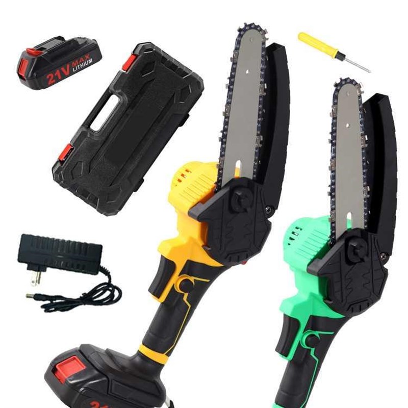 6寸有刷充电式电链锯修枝锯无线C伐木锯果园修剪锂电锯手持黄绿色