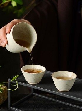 粗陶纯手工白色功夫茶具茶碗可养开片F裂纹茶馆品茗公杯小家用单