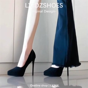 黑色防水台高跟鞋女2025年法式绒面尖头细跟厚底气质小个子不累脚