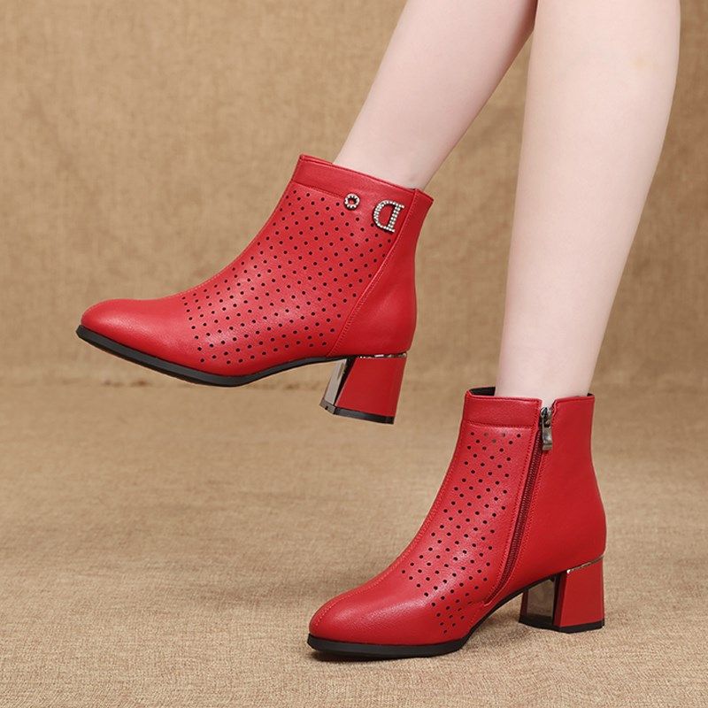 短靴女粗跟红色马丁靴夏季薄款单靴镂空洞洞凉靴软底百搭显瘦网靴,女鞋,时装靴,淘宝优惠券,粉丝福利购,淘宝优惠卷