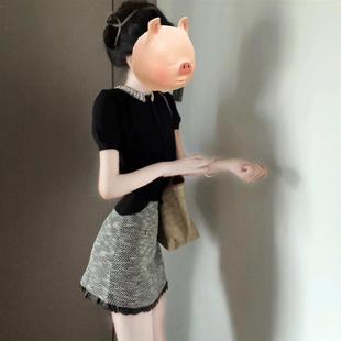 夏装搭配一整套法式黑色镶钻针织上衣女夏季高腰a字半身短裙套装