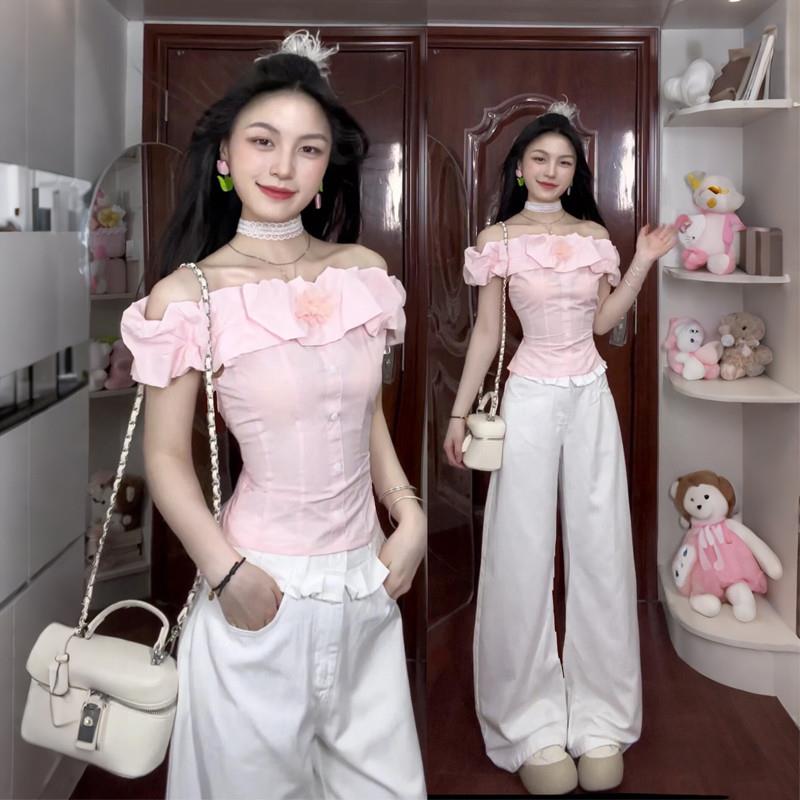 韩系粉色褶皱一字肩短袖衬