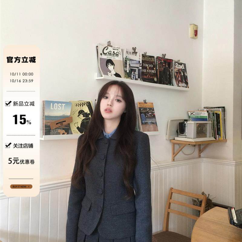 neurcz 短款毛呢外套女百褶半身裙冬季显瘦气质西装职场两件套装