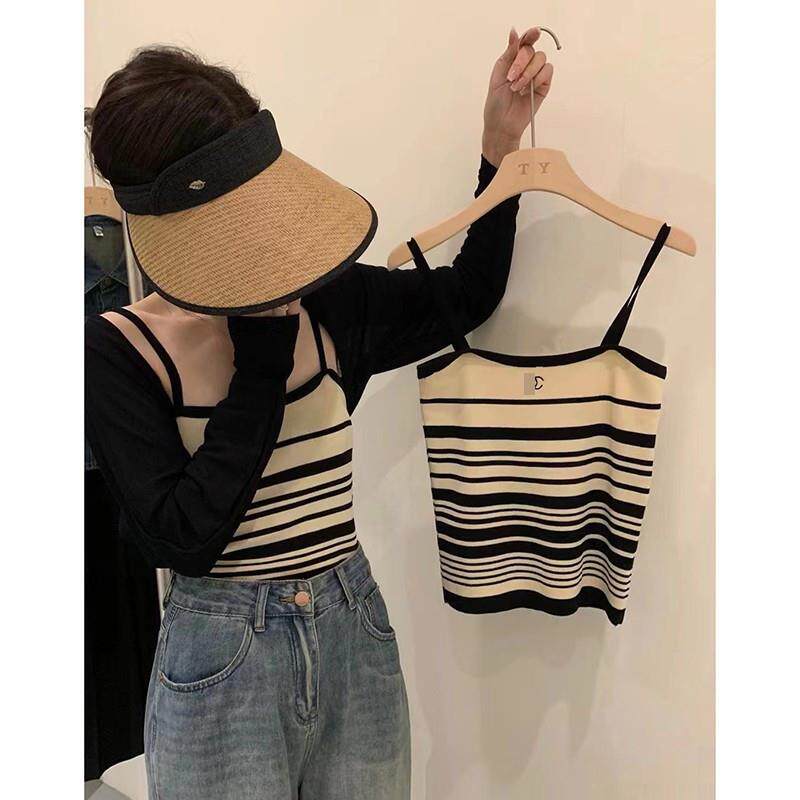 条纹拼色针织吊带女不规则2022新款打底设计感气质修身细肩带背心