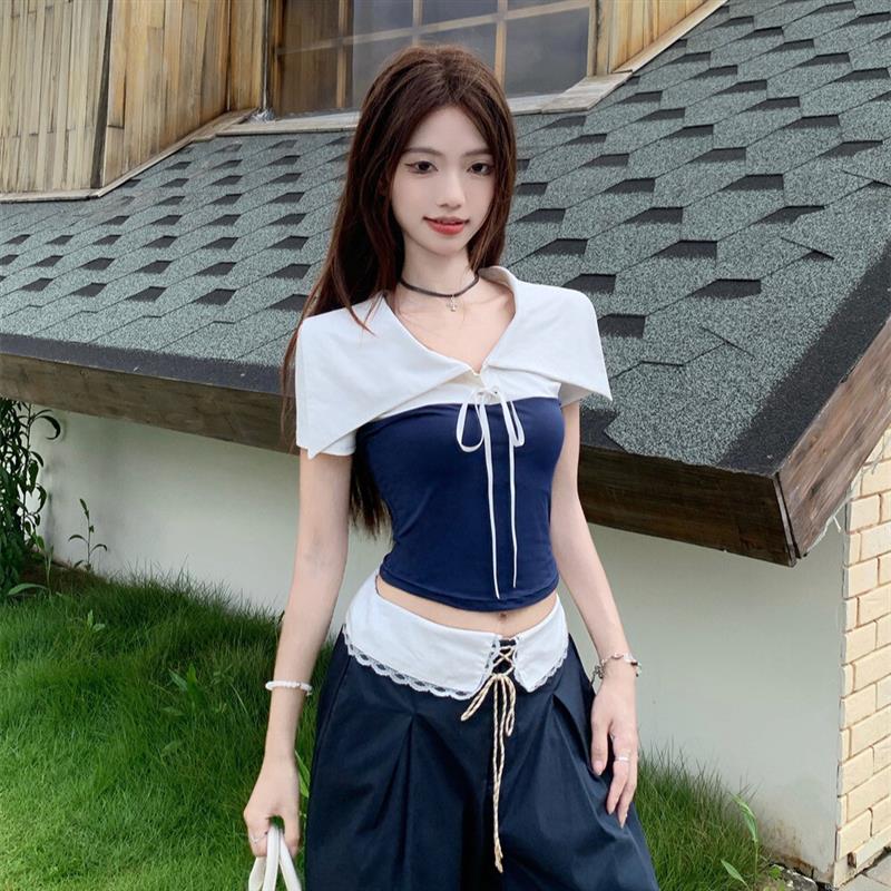 拼接撞色大翻领短袖t恤女设计感小众高腰露脐修身短款正肩上衣夏