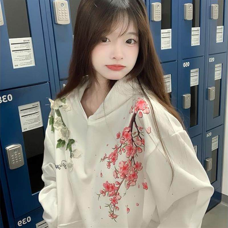 国潮牌花卉刺绣白色连帽卫衣女秋冬新款慵懒风加绒加厚宽松外套女