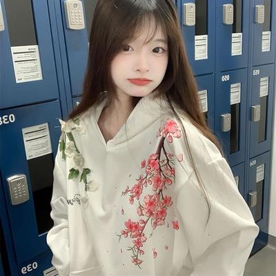 国潮牌花卉刺绣白色连帽卫