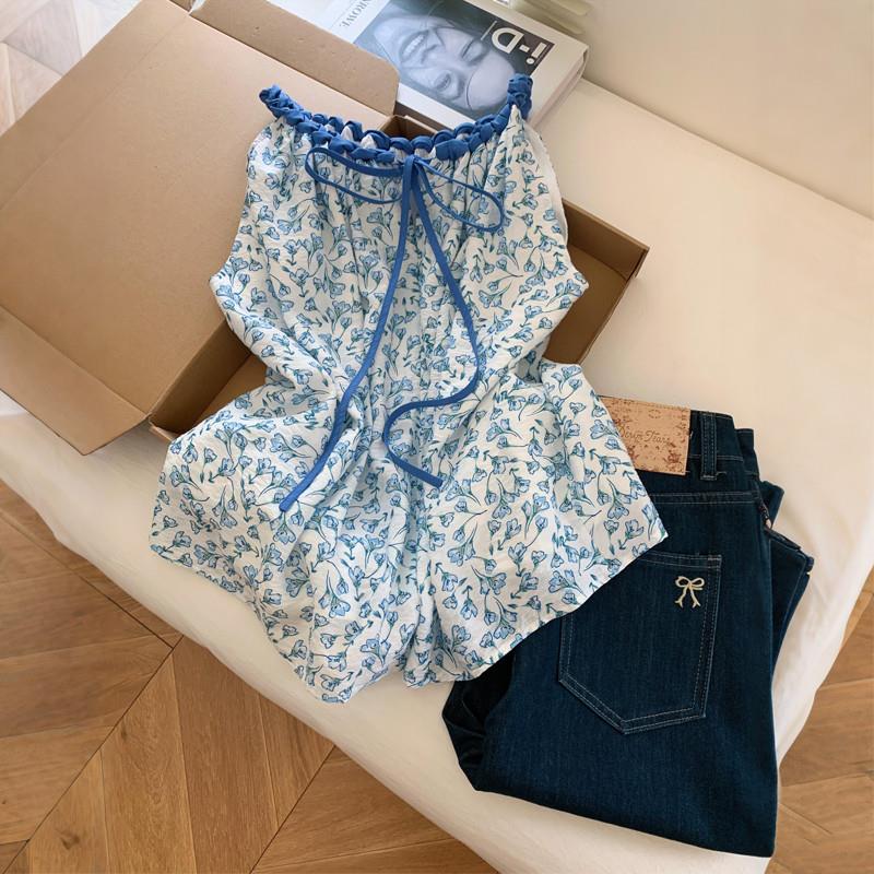 法式蝴蝶结绑带碎花挂脖背