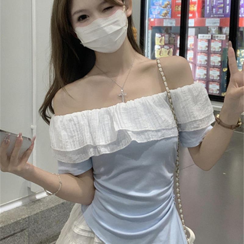 一字肩荷叶边短袖T恤女夏季小众不规则独特别致修身显瘦上衣潮ins