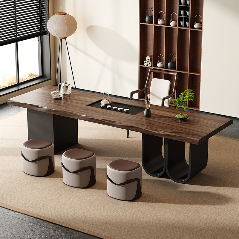 新中式黑胡桃木茶桌椅组合轻奢实木茶台现代简约办公家用客厅茶几