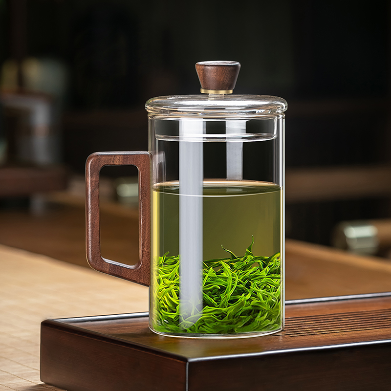 大容量绿茶杯男士喝茶泡茶杯带盖玻璃杯带把手办公室耐热杯子