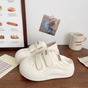 大头一脚蹬板鞋 chic厚底半拖面包鞋 女丑萌春夏新款 奶白两穿小白鞋