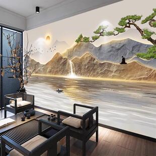 办公室茶室背景墙布高档大气山水画酒店前台壁纸客厅墙纸 3D新中式