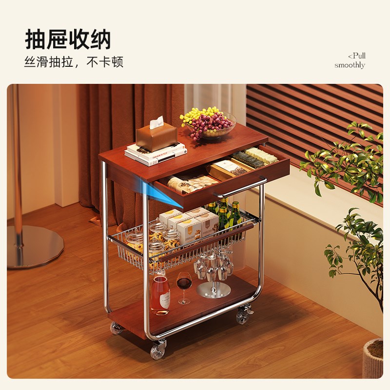 可移动实木边几收纳中古小推车客厅沙发储物柜零食置物架简约餐车