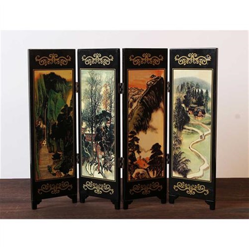 扬州漆器厂  新中式彩绘四折小屏风 梅兰竹菊 桌面摆件 家居礼品