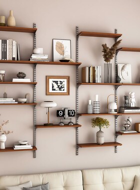 中世纪风格沙发后储n物架客厅墙壁显示储物实木一字隔板可调轨道