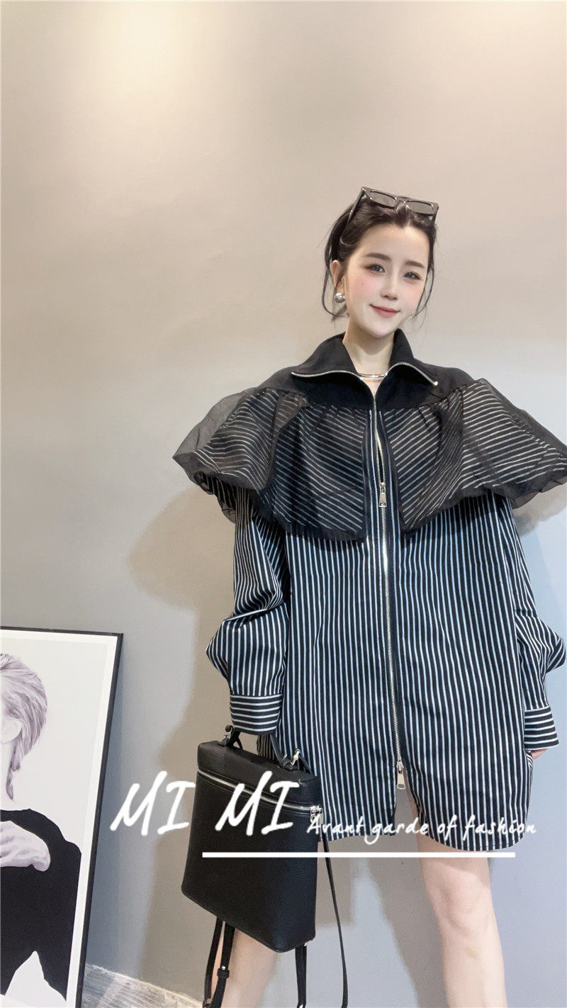 【现货】网纱拼接披肩拉链条v纹中长款长袖衬衫女衬衣显瘦2025秋