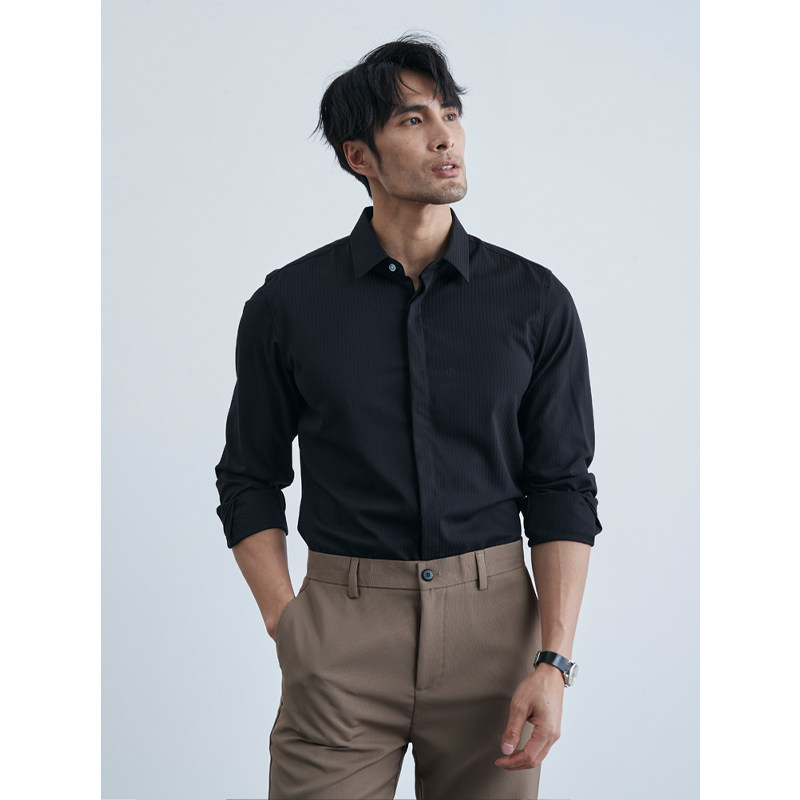 夏季商务绅士 显气质高级感细条纹衬衫绿色长袖免烫带弹力衬衣男