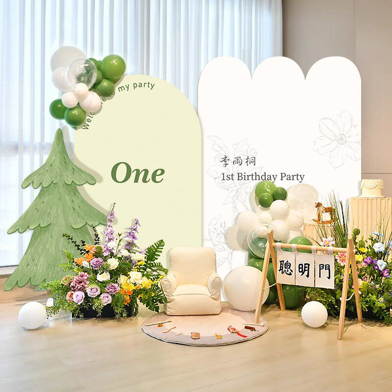 绿色系宝宝生日气球布置装饰kt板套餐氛围感拍照定U制周岁卡通套