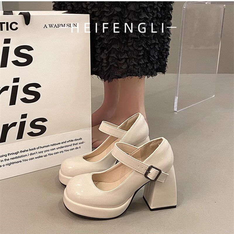 高跟鞋女婚鞋法式一字带玛丽珍鞋防水台粗跟单P鞋米白色气质伴娘