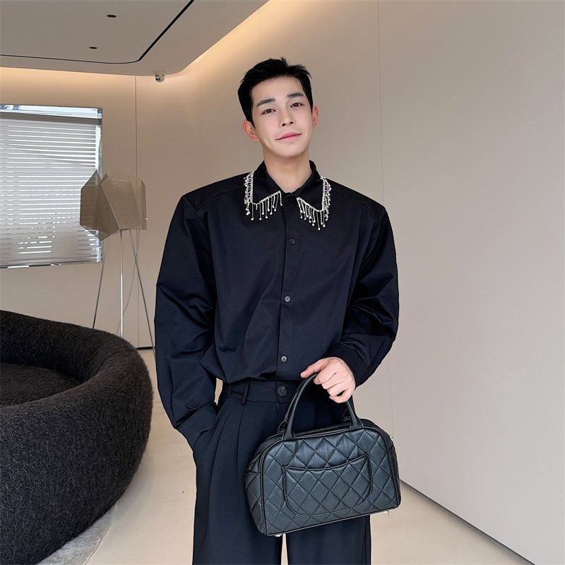 设计感流苏珍珠装饰长袖衬衫男韩版小众休闲网红免烫衬衣白色内搭