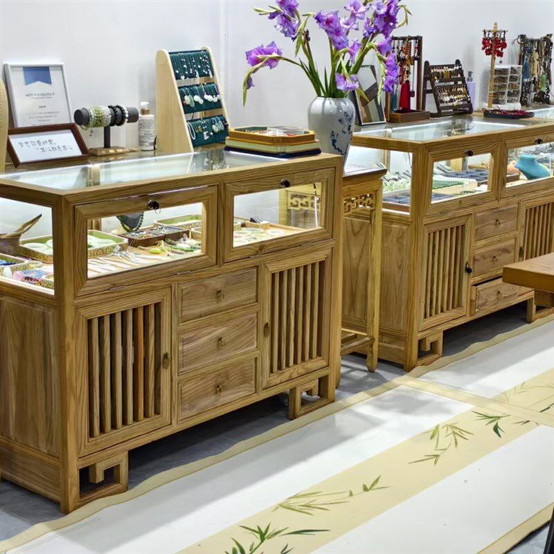 实木珠宝展示柜榆木玻璃展柜玉器首饰精品货M架展示柜中式岛台壁