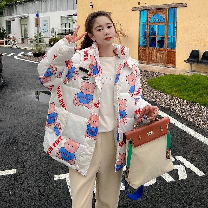 羽绒棉服加厚女ins冬装新款反季小个H子宽松学生燕尾短款印花棉袄