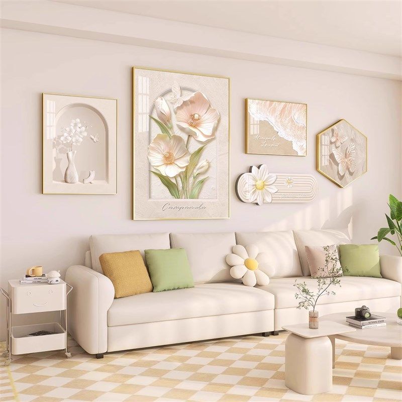 奶油风客厅装饰画立体感花卉沙发背景墙落地画挂画高级感玄关壁画,家居饰品,现代装饰画,淘宝优惠券,粉丝福利购,淘宝优惠卷