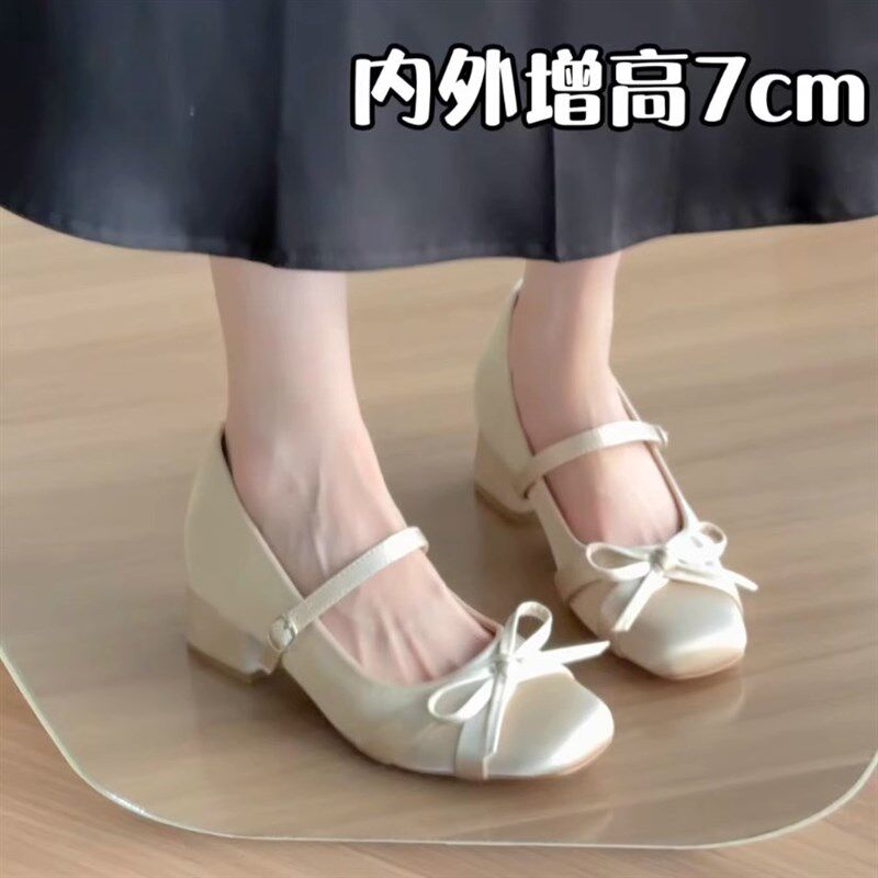 内增高7cm缎面蝴蝶结玛丽珍女鞋高跟20J25新款法式粗跟单鞋芭蕾鞋