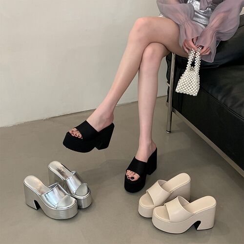 增高粗跟露趾f一字凉拖鞋女外穿夏季时尚小个子防水台厚底超高跟