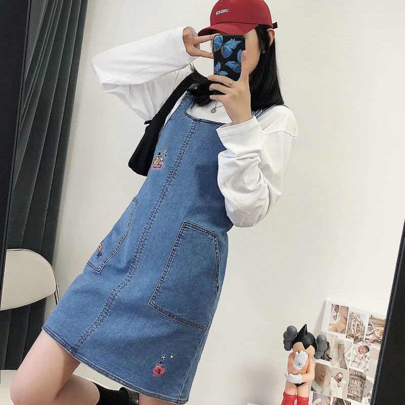 超好穿弹力订单尾货韩版学院风刺绣女牛仔背带裙 连W体裙 学生半