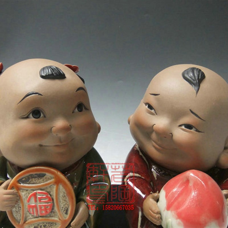 陶瓷工艺品 石湾公仔 开心孖宝 童趣